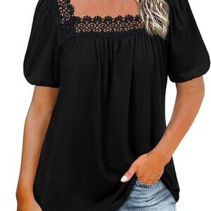 Women Lace Crochet Square Neck Top Lantern Long Sleeve Shirts Black Flowy SMALL